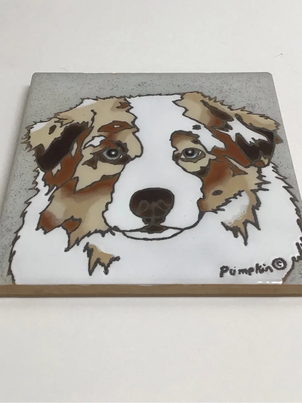 Australian Shepherd Dog Hand Painted Tile by Pumpkin 6x6” Trivet Vintage *NOTE*